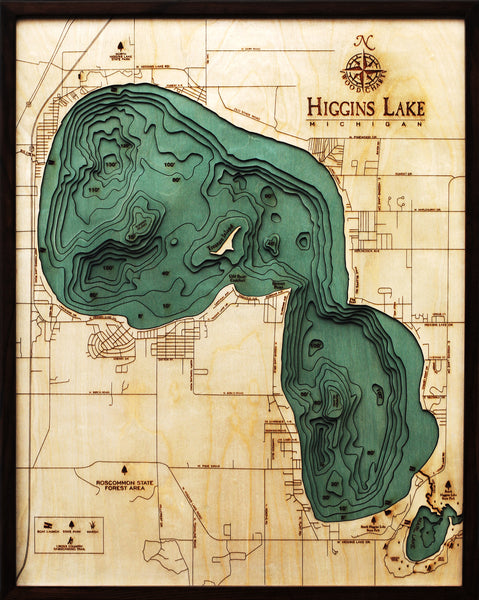 Higgins Lake, Michigan 3-D Nautical Wood Chart, Large, 24.5" x 31"