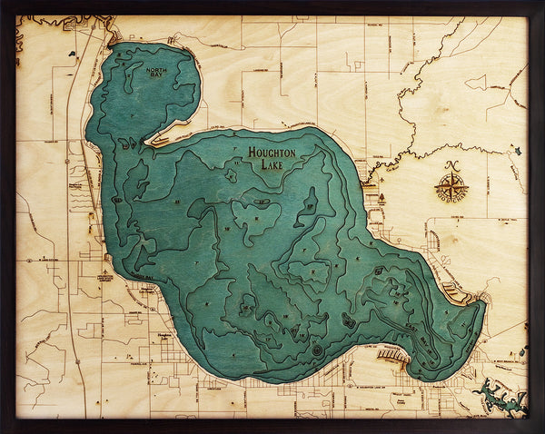 Houghton Lake, Michigan 3-D Nautical Wood Chart, Large, 24.5" x 31"