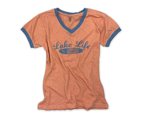 WOMENS VNECK TSHIRT- PINK/BLUE- LAKE LIFE