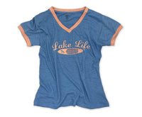 WOMENS VNECK TSHIRT- BLUE/PINK- LAKE LIFE