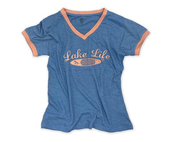 WOMENS VNECK TSHIRT- BLUE/PINK- LAKE LIFE